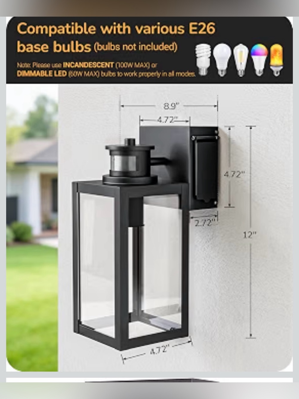 Outdoor Wall Lantern Sconce - Black Modern E26 Compatible